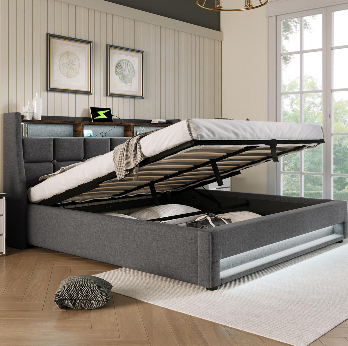BETT mit USB und LED 140x200 cm Leinen Grau - Grau, Metall (140/200cm) - Meubliv