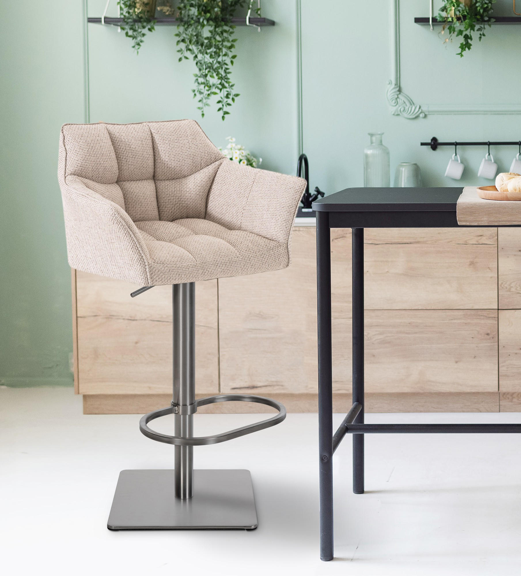 BARHOCKER 2er Set Stoff Elfenbein - Edelstahlfarben/Creme, Textil/Metall (64/88/45cm) - CLP