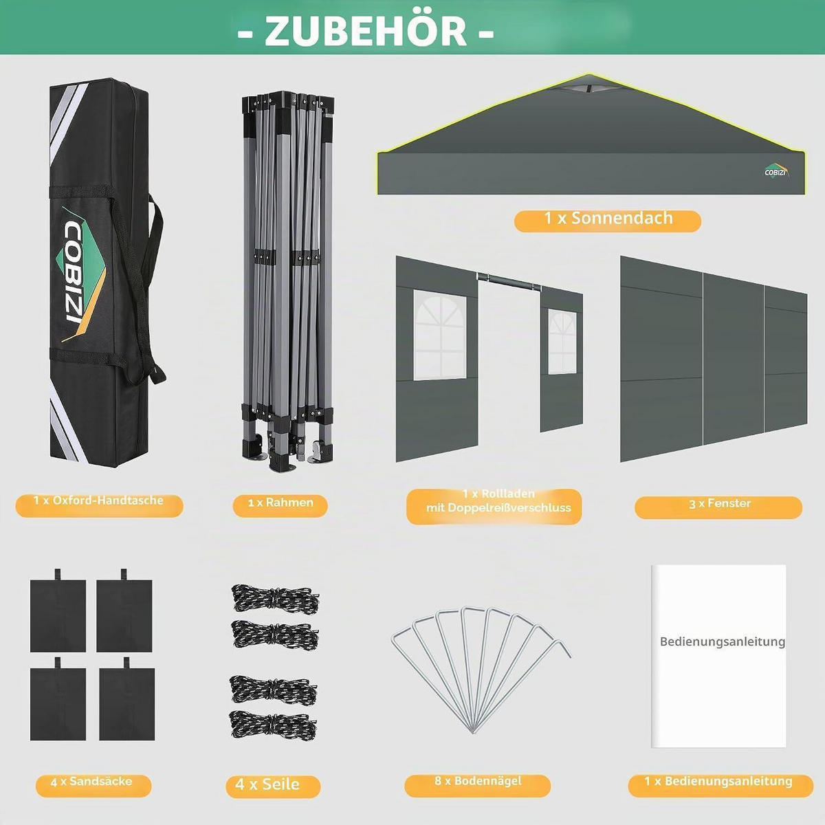 FALTPAVILLON 3x3m Grau Wasserdicht mit Seitenwänden - Grau, Textil (300/298/300cm)