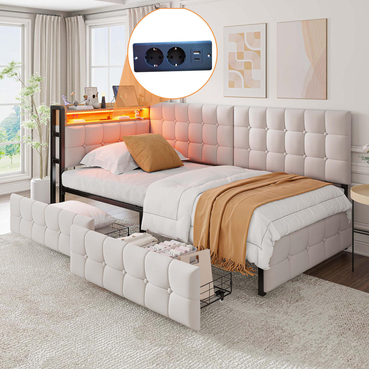 POLSTERBETT 90x200 cm mit LED, USB-C, Schubladen, Beige - Beige, Holz (90/200cm)