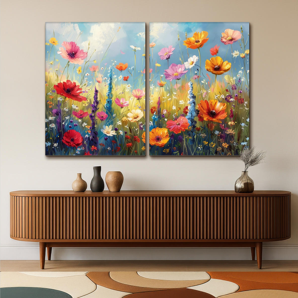 LEINWANDBILD 2er Set Blumen - Frühling - Farbenfroh - Sommerlich 180x120 cm - Orange, Textil (180/120cm) - MuchoWow