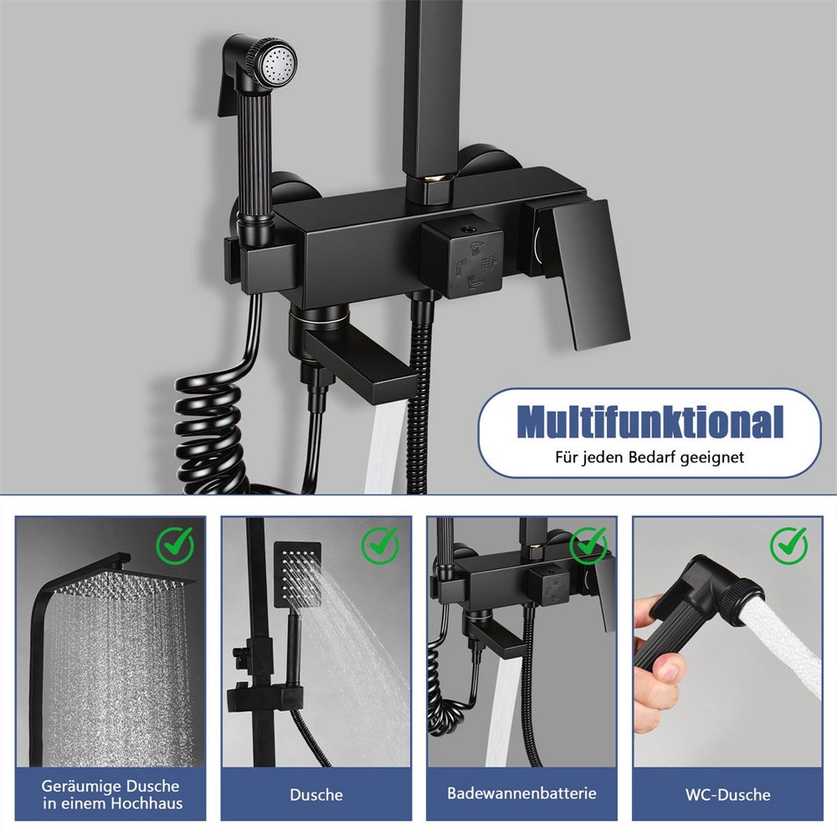 DUSCHSET mit Thermostat-Effekt - Duschsystem 4-in-1 mit Regendusche und Bidet-Sprühpistole - mit Handbrause - Schwarz - Schwarz, Metall (20/105/16cm) - DELFA