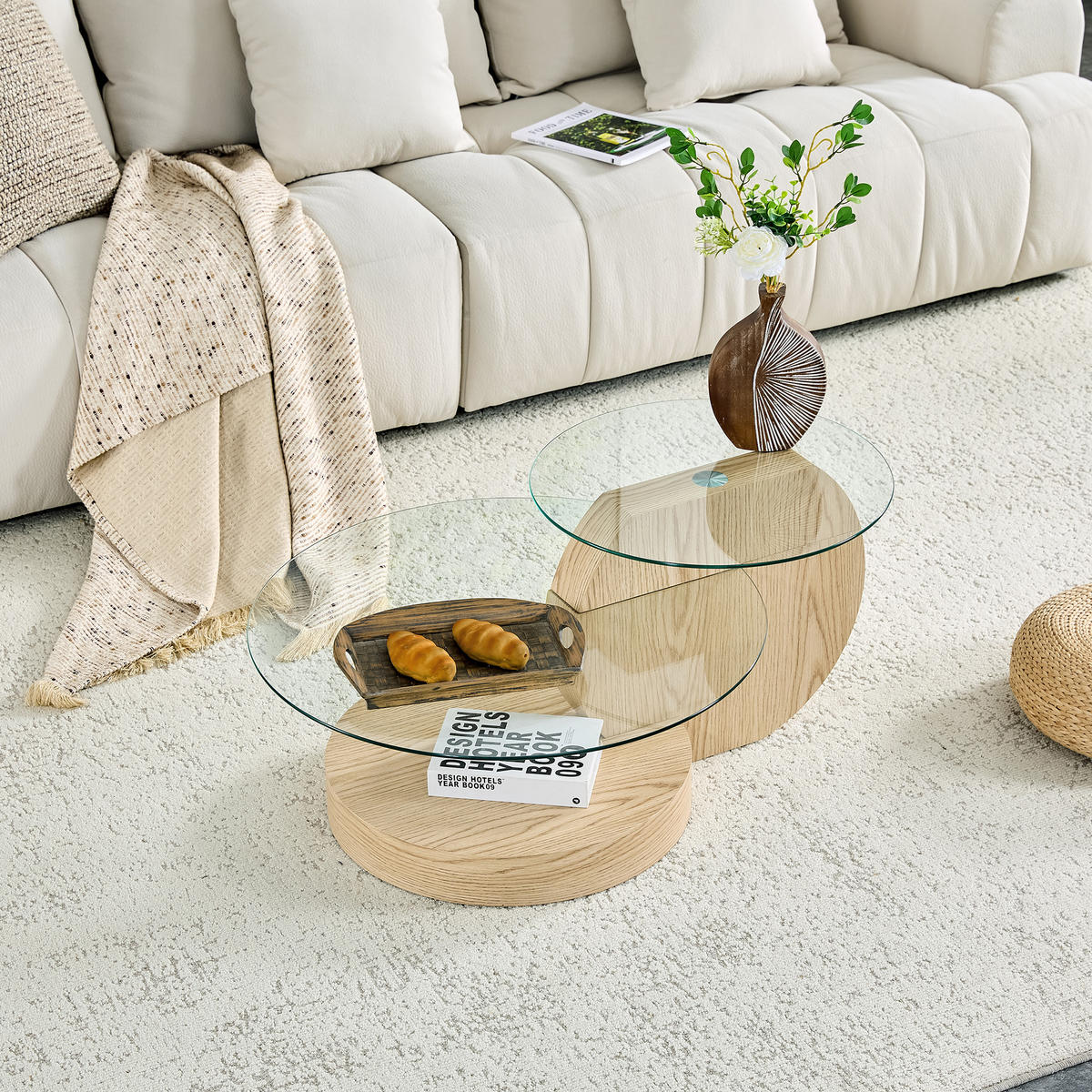 COUCHTISCH in Naturfarbe Wohnzimmertisch mit zwei Ebenen aus Sicherheitsglas für Wohnzimmer, B90/T70/H44 cm - Transparent/Naturfarben, Glas/Holzwerkstoff (90/90/44cm) - STILVORA