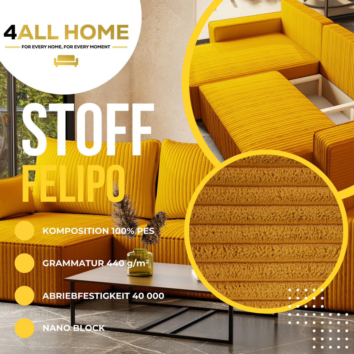 ECKSOFA Tobi mit Bettkasten und Schlaffunktion, L-Form/XL-Form, Cordstoff, Universal - Kupferfarben, Holzwerkstoff (276/145cm) - 4ALL HOME