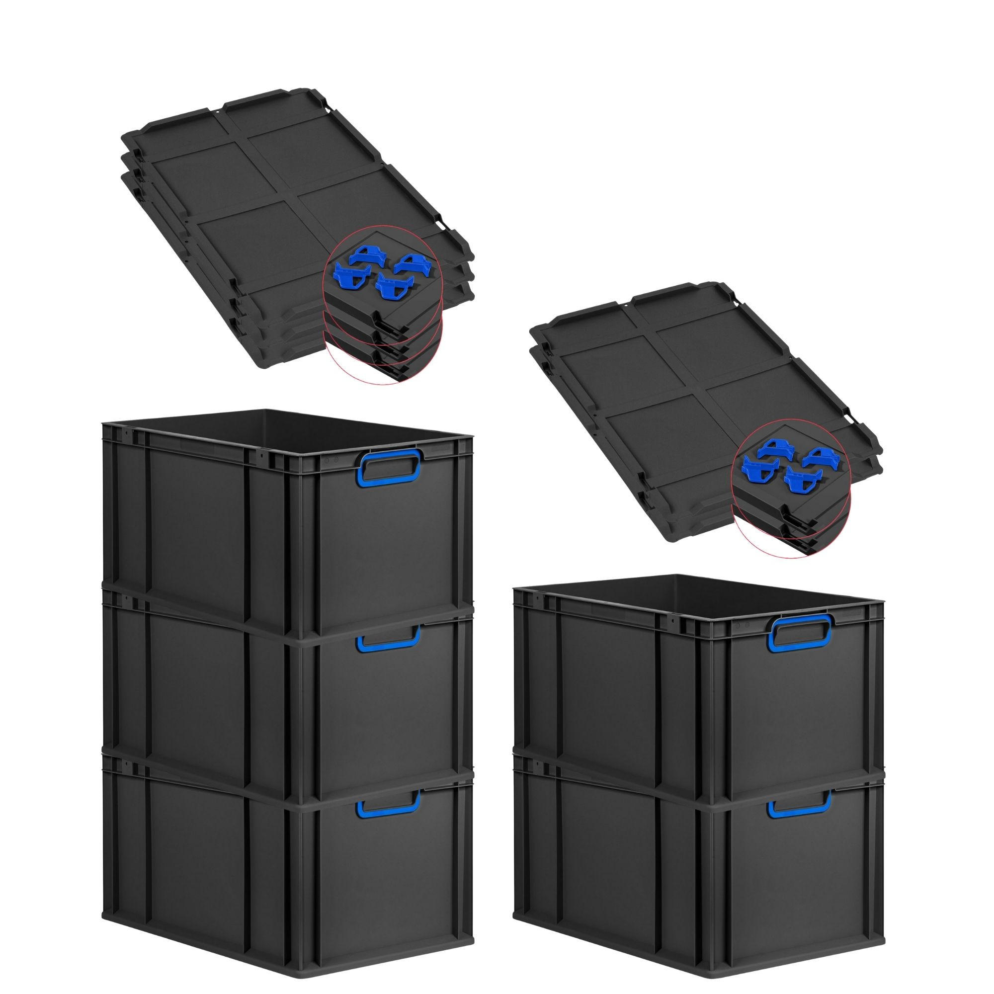 EUROBOX 5x NextGen Color mit Auflagedeckel 32x40x60 cm 65 Liter Schwarz Griffe blau zu - Blau/Schwarz, Kunststoff (40/32/60cm) - PROREGAL