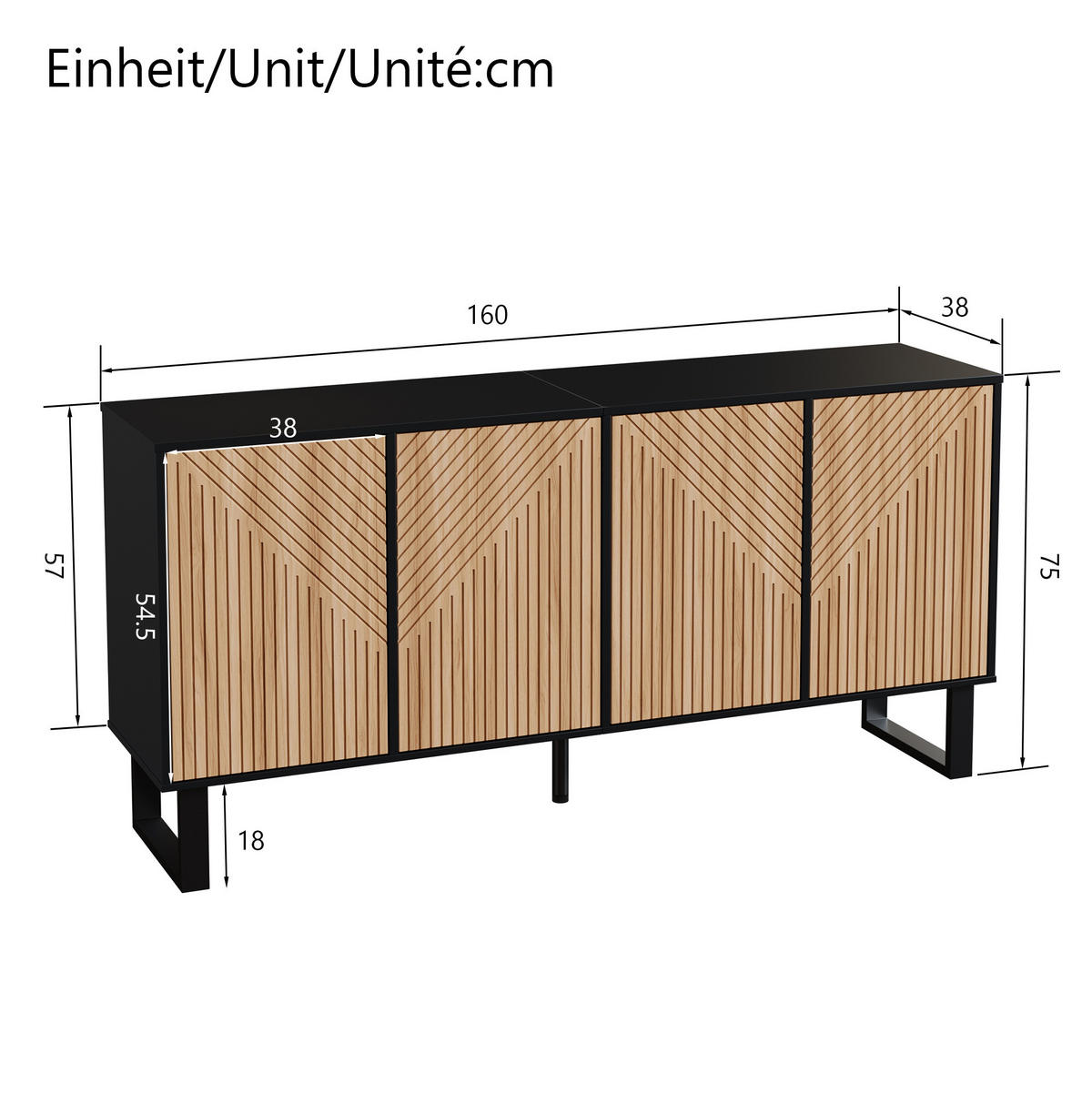 SIDEBOARD 160/38/75 cm Schwarz/Natur aus MDF und Spanplatte mit Stauraum - Schwarz, Holzwerkstoff (38/75/160cm) - OKWISH