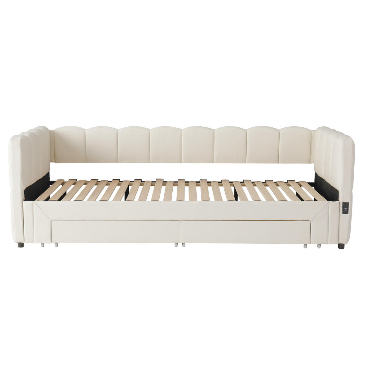 TAGESBETT 90/200 cm ausziehbar auf 180/200 cm mit 2 Schubladen, USB- und Typ-C-Anschluss, Leinenbezug, Beige - Beige, Textil (90/200cm) - Redom