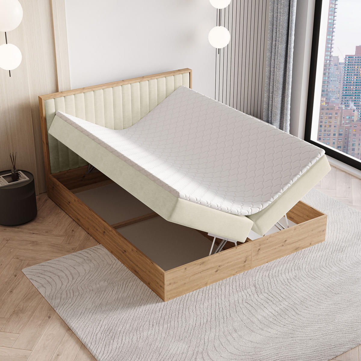 BOXBETT VARELI 180x200 cm mit Matratze und Topper - Creme - Creme, Holz (180/200cm) - MASSENO