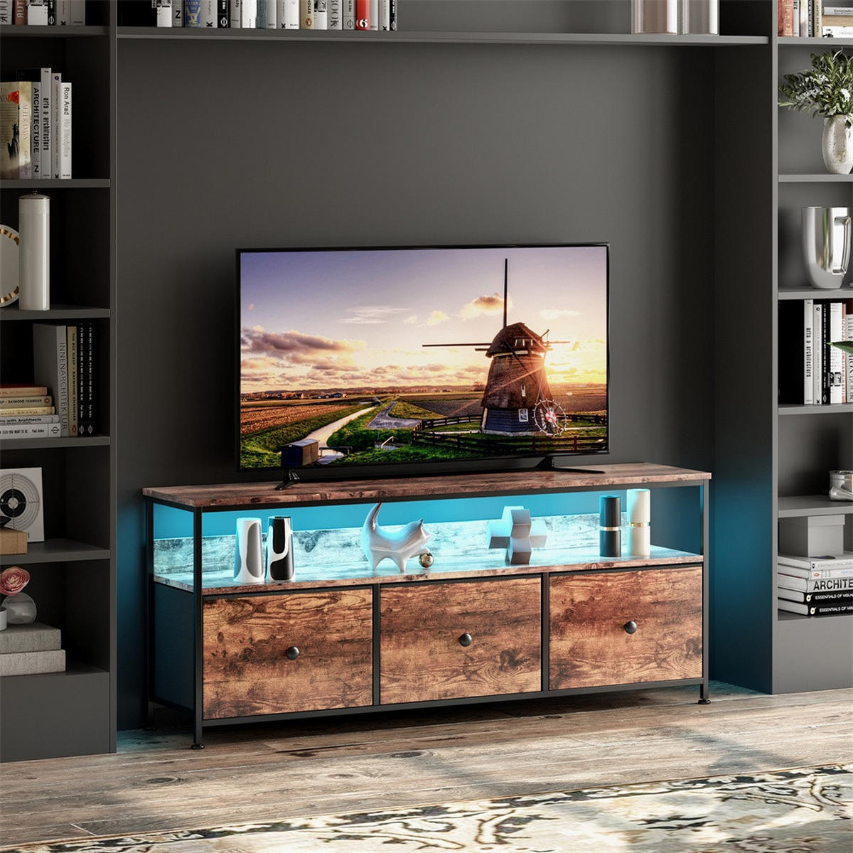 TV-LOWBOARD 108cm - mit LED-Beleuchtung und Stoffschubladen - Industrial-Stil Tigerholz-Optik und Schwarz - Braun, Holzwerkstoff (29.8/57/108cm) - DELFA