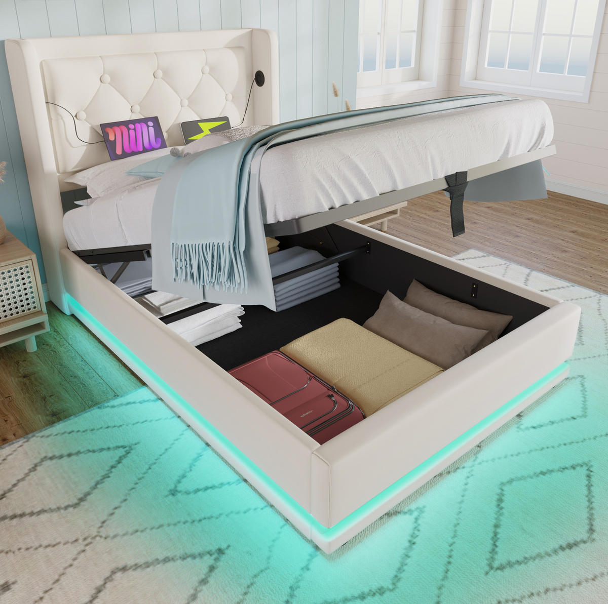 BETT mit Stauraum, USB & LED 90x200 cm PU Weiß - Weiß, Metall (90/200cm) - Meubliv