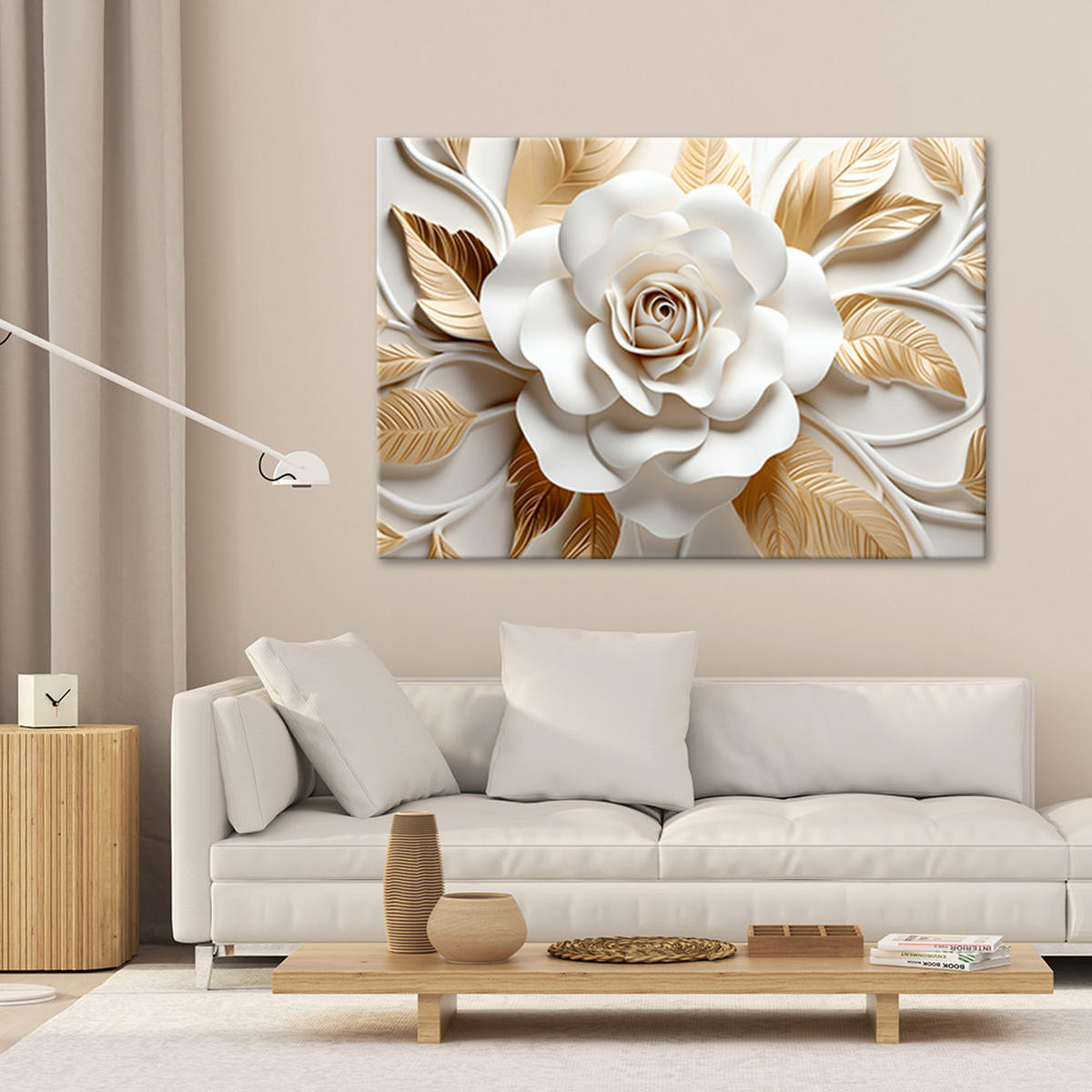 BILD AI Weißgoldene Blume 3D - Weiß, Textil (120/80cm) - Feeby