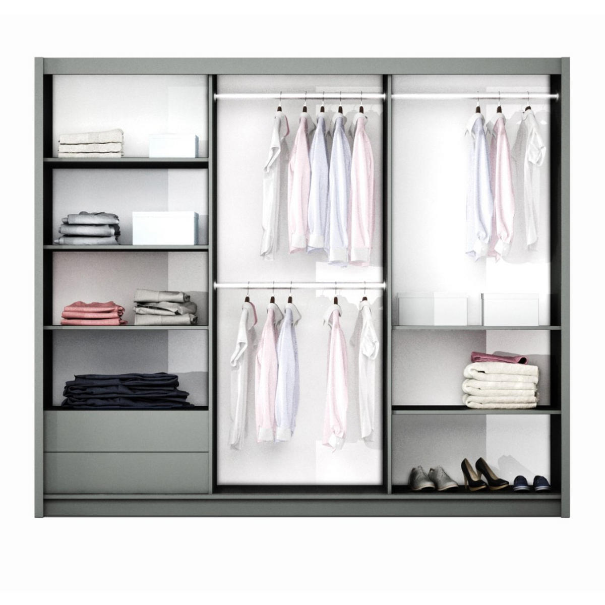 SCHWEBETÜRENSCHRANK Brooklyn mit 2 Türen und Spiegel, graphitfarben, 250 cm - Graphitfarben, Holzwerkstoff (250/215/65cm) - Beautysofa