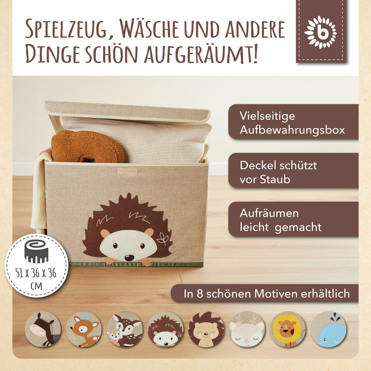 AUFBEWAHRUNGSBOX mit Deckel 65L, faltbar - Beige/Braun, Textil (51/36cm) - Bieco Spielwaren