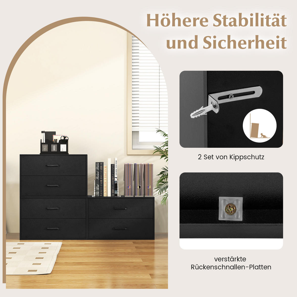 KOMMODE Schwarz - Schwarz, Holz (34/38/60cm) - COSTWAY