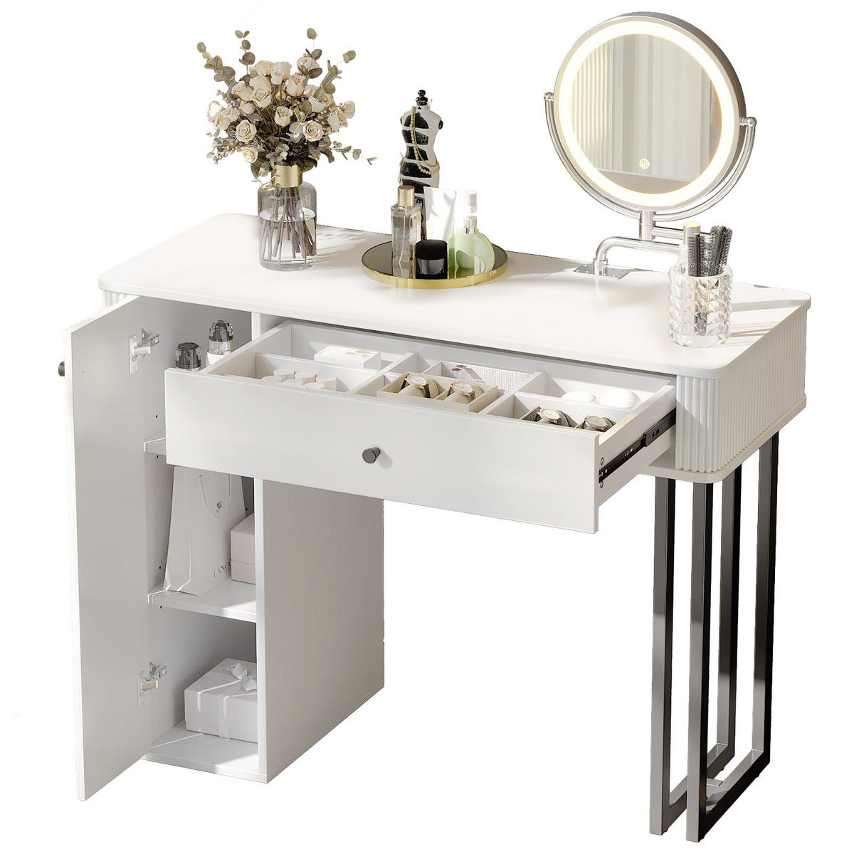 SCHMINKTISCH 40/100/116 cm Weiß mit LED-Beleuchtung Spiegel und Stauraum - Weiß, Holzwerkstoff (40/116/100cm) - OKWISH
