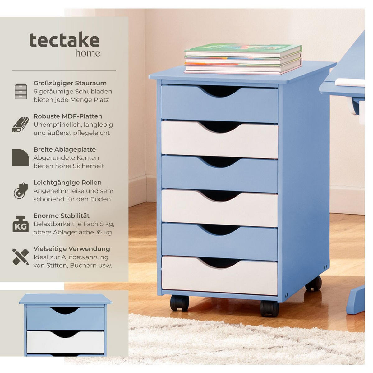 ROLLCONTAINER ,einfache Montage, 36 x 40 x 65 cm,blau - Blau, Holz (40/65/36cm) - tectake