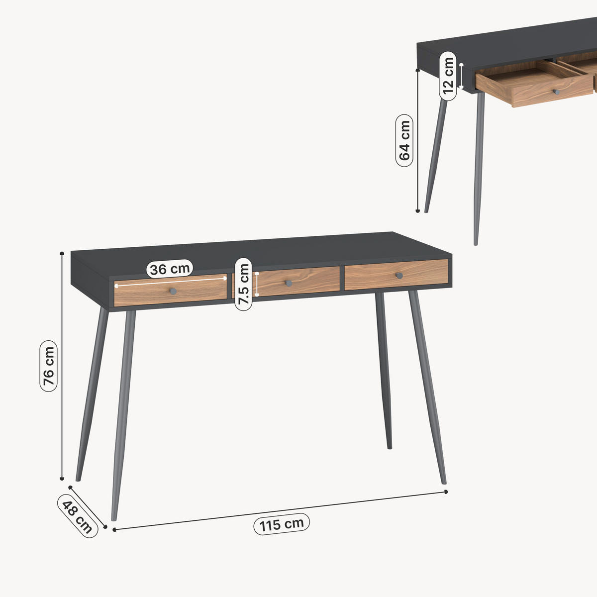 SCHREIBTISCH Tumba - Walnussfarben/Schwarz, Holzwerkstoff/Metall (48/115/76cm) - [en.casa]
