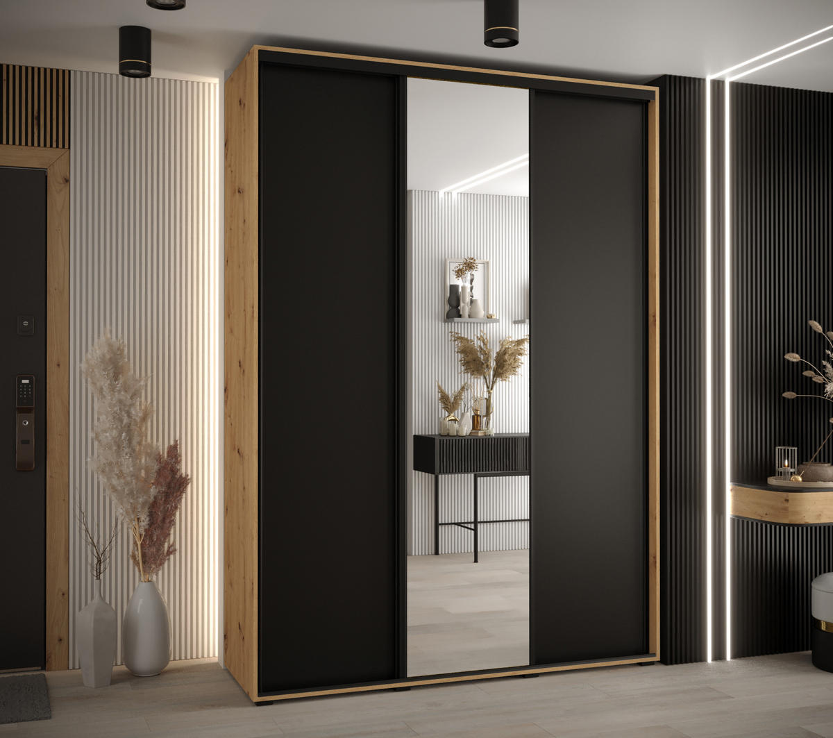 SCHWEBETÜRENSCHRANK 235,2/170/60 3-türig - Schwarz/Eiche Artisan, Holz/Metall (170/235/60cm) - Abiks Möbel