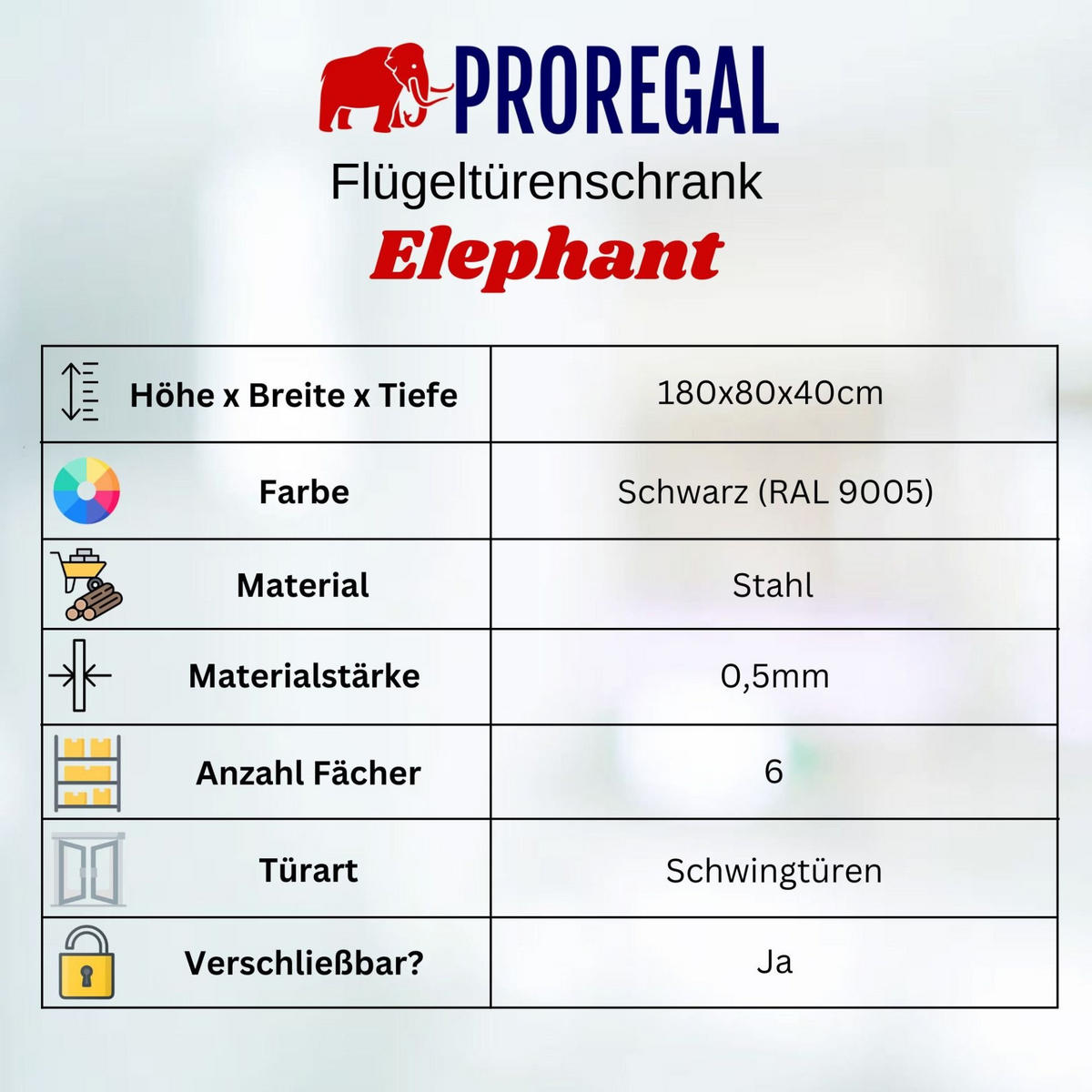 FLÜGELTÜRENSCHRANK Elephant komplett montiert 180x80x40cm 6 Fächern & Kleiderstange Schwarz - Schwarz, Metall (80/180/40cm) - PROREGAL
