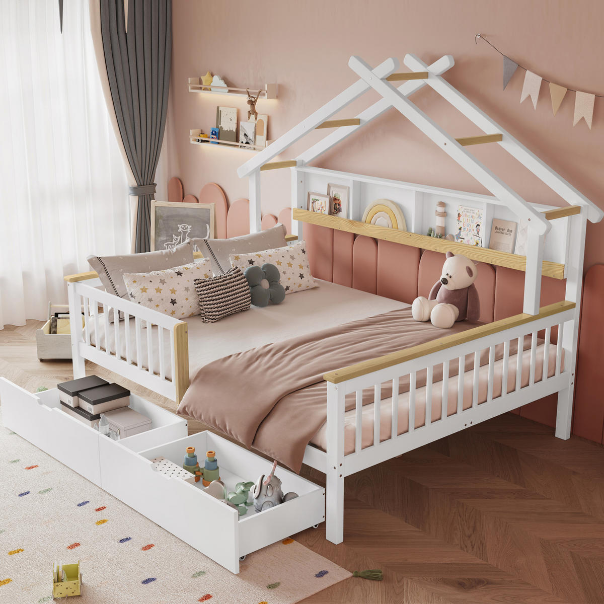 KINDERBETT 140/200 cm Weiß/Natur mit Dach, Fallschutz und 2 Schubladen - Weiß, Holz (140/200cm) - MIVRAY