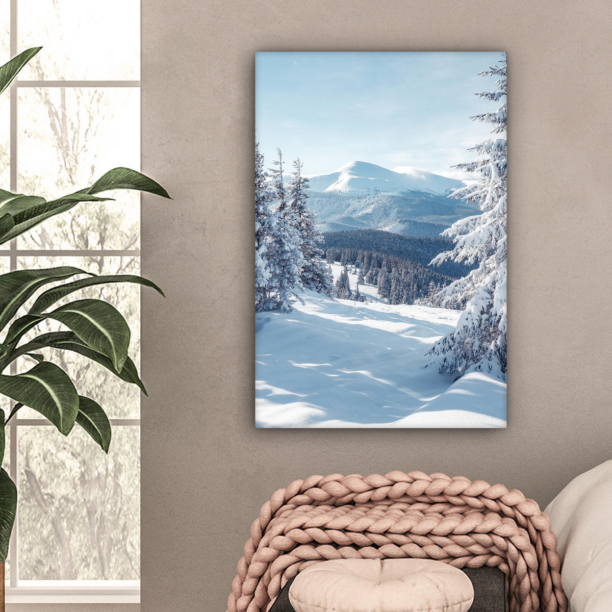 LEINWANDBILD Winterlandschaft - Natur - Berge - Bäume - Schnee Wanddeko 40x60 cm - Hellblau, Textil (40/60cm) - MuchoWow
