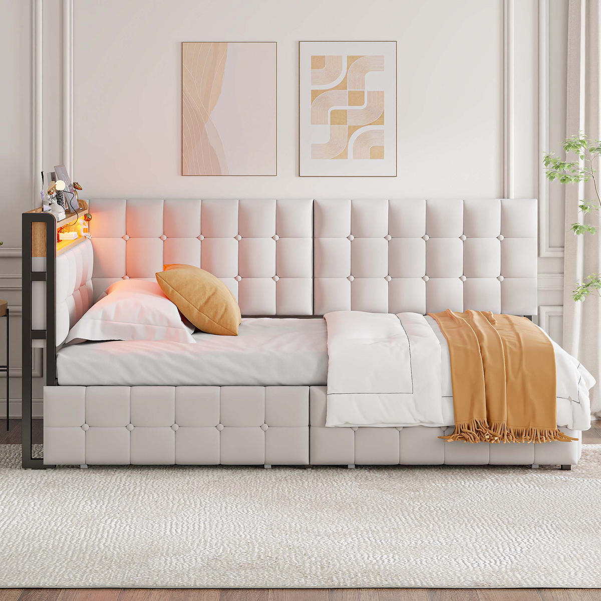 POLSTERBETT aus Samt 90x200 cm Beige mit 2 Schubladen, LED-Lichtleiste, USB- und Typ-C-Anschluss - Beige, Textil (90/200cm) - Modfu