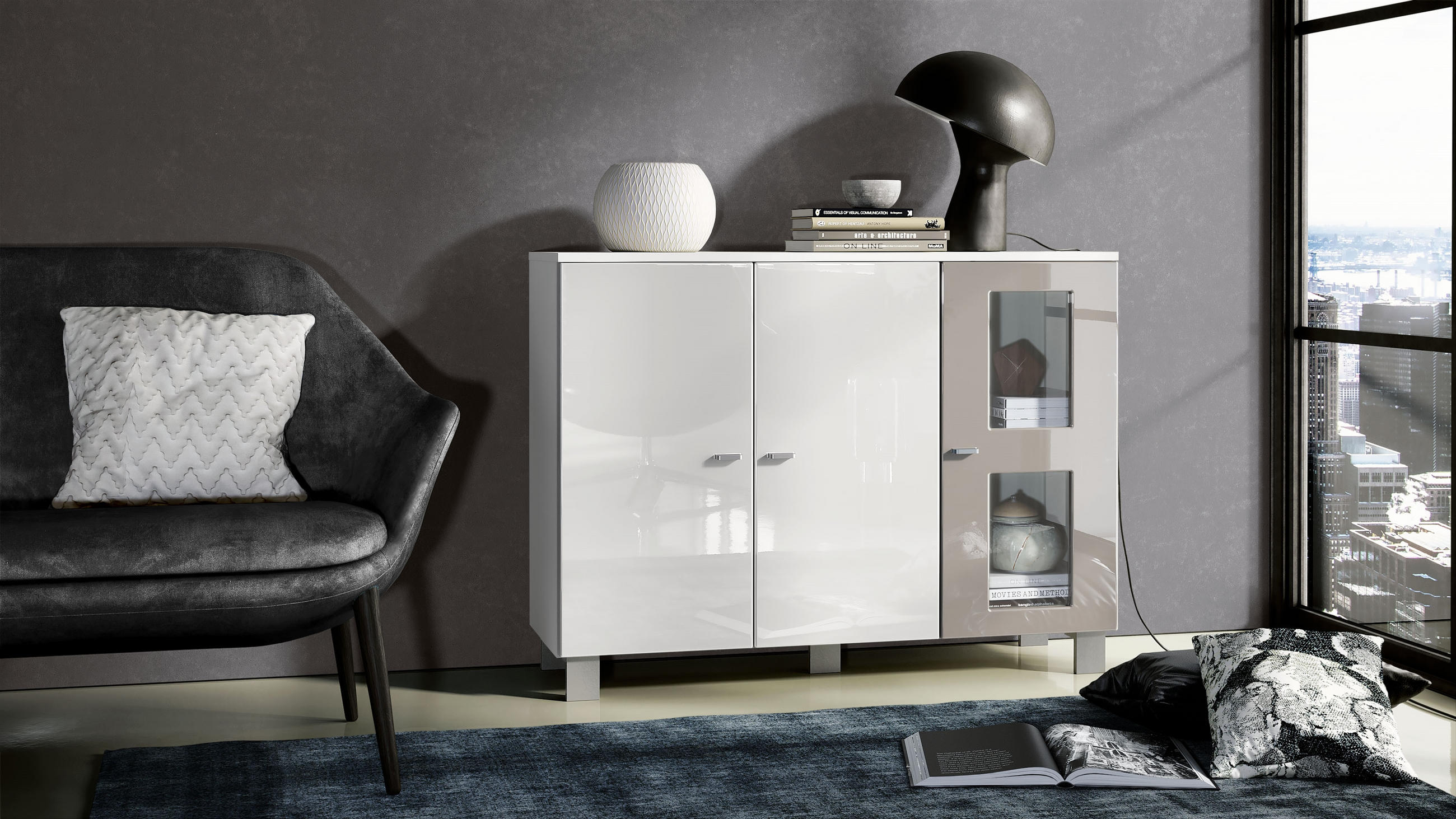 SIDEBOARD Denjo Tür in Sandgrau Hochglanz - Sandfarben, Holzwerkstoff (107/81/35cm) - Vladon