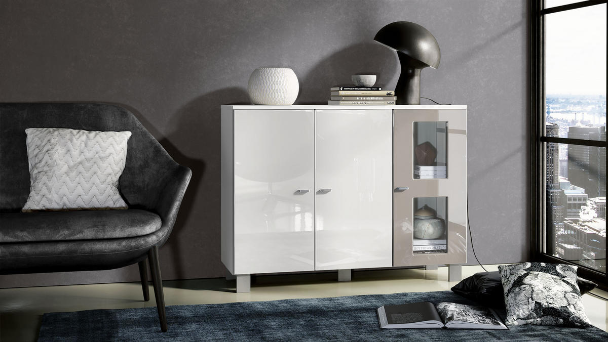 SIDEBOARD Denjo Tür in Sandgrau Hochglanz - Sandfarben, Holzwerkstoff (107/81/35cm) - Vladon