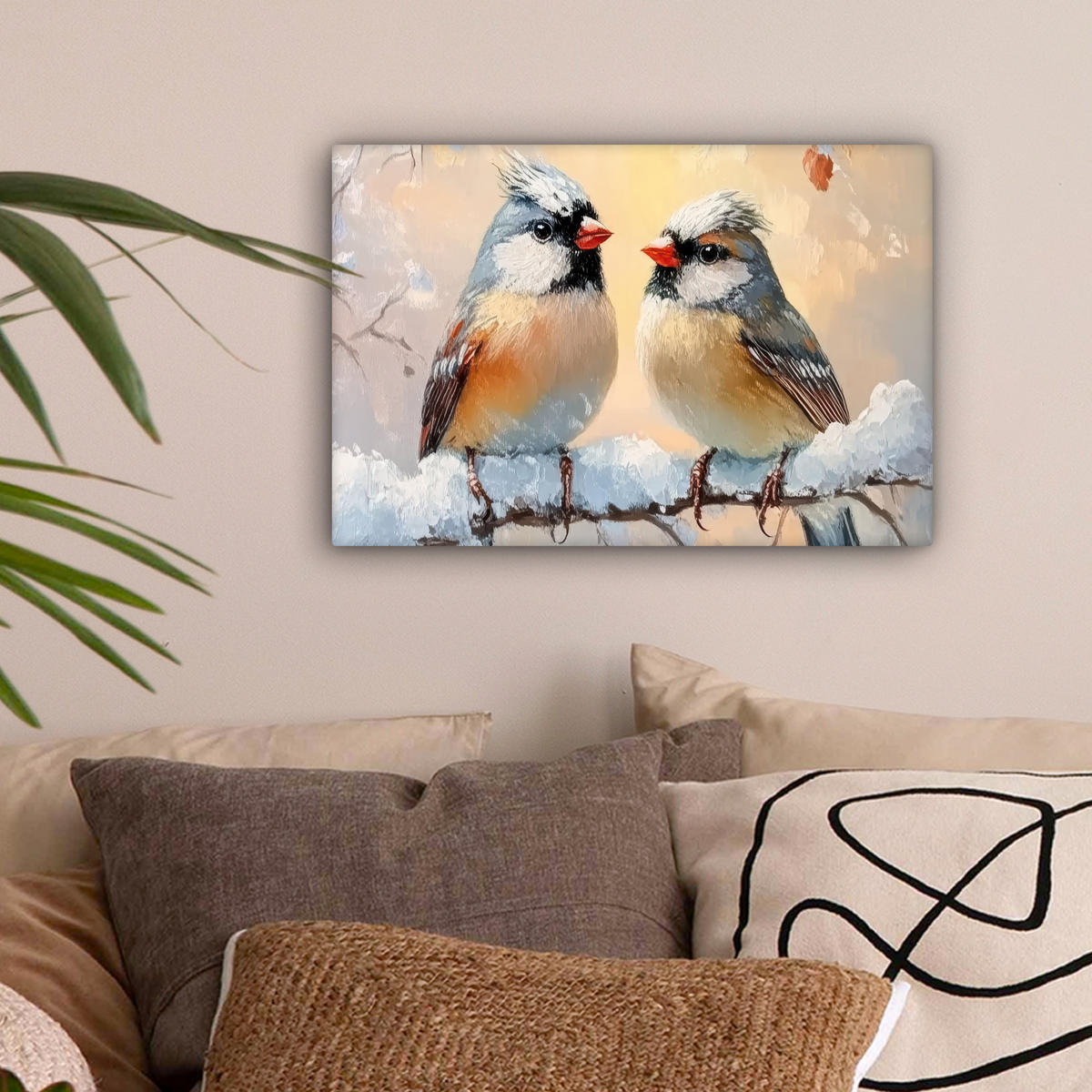 LEINWANDBILD Vögel - Zweig - Winter - Schnee 30x20 cm - Pastellblau, Textil (30/20cm) - MuchoWow