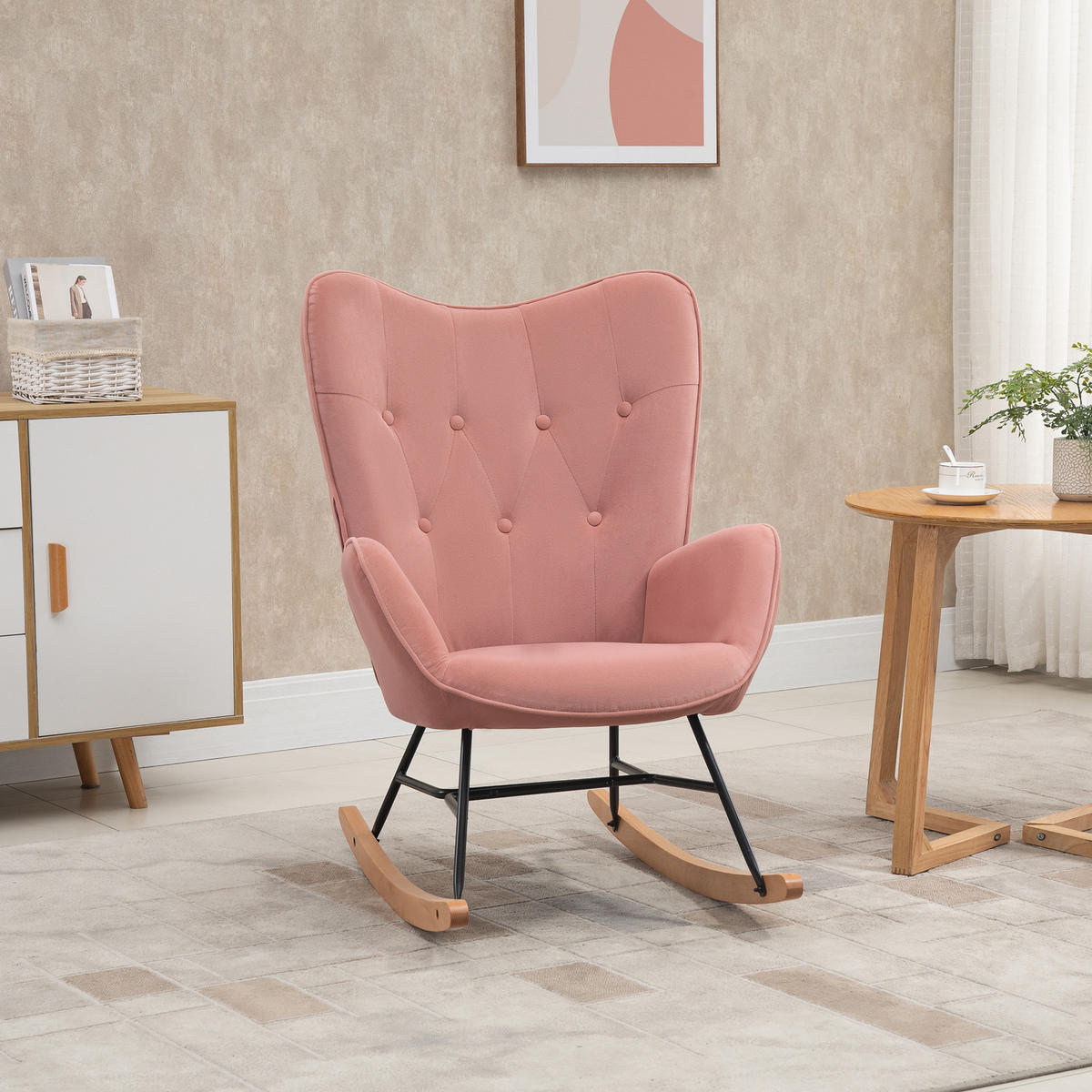 SCHAUKELSTUHL Schaukelsessel mit Stahlrahmen gepolstert Rosa+Natur - Rosa, Kunststoff (70/96/65cm) - HOMCOM