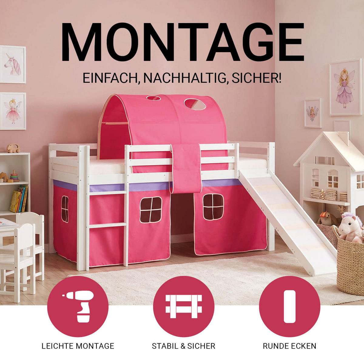 HOCHBETT 90/200 cm in Weiß mit Lattenrost + Matratze - Pink/Weiß, Holz (90/200cm) - Homestyle4u