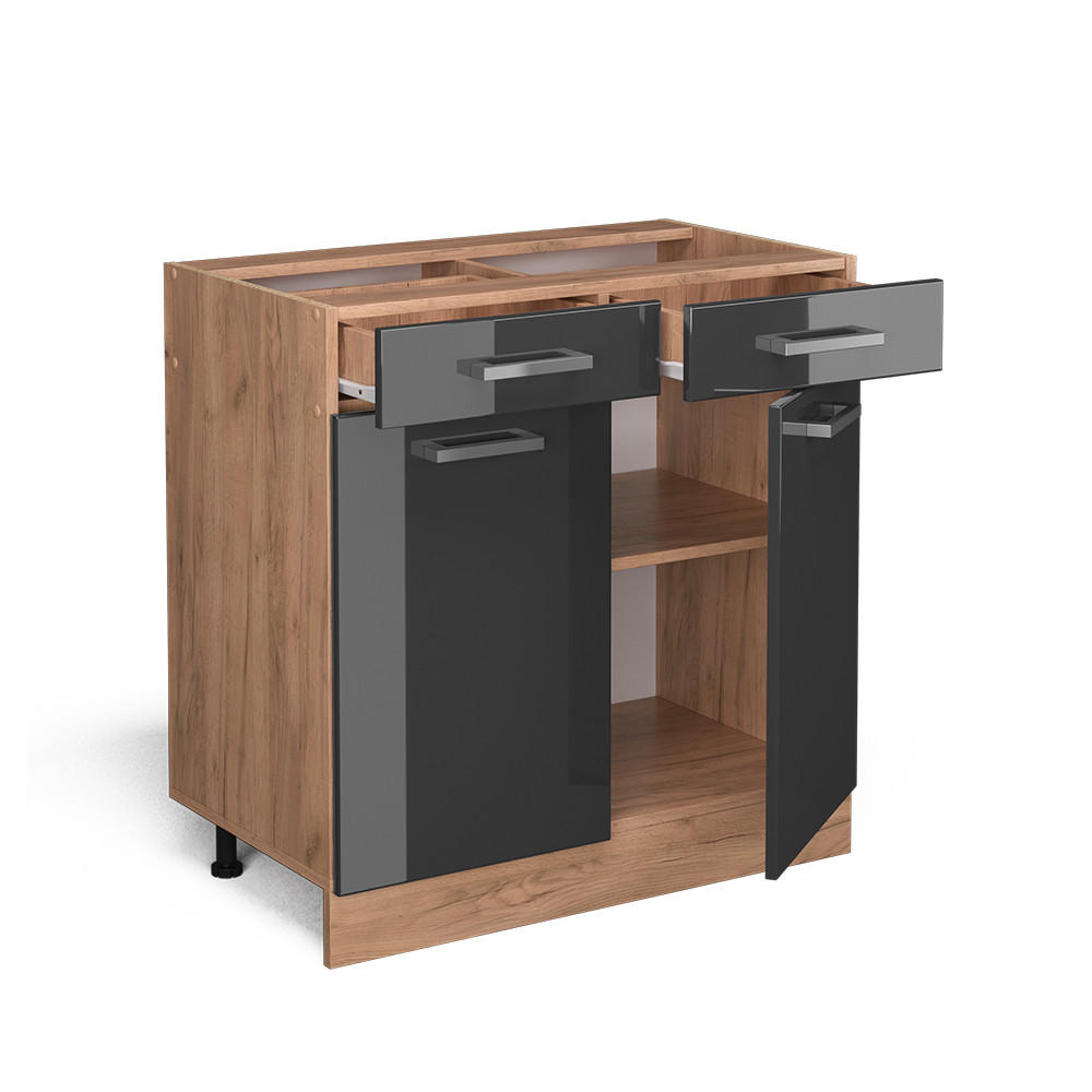 KÜCHENUNTERSCHRANK R-Line Anthrazit Hochglanz 80 cm ohne AP - Honigeiche/Schwarz Hochglanz, Holzwerkstoff (80/81.6/46cm) - Vicco