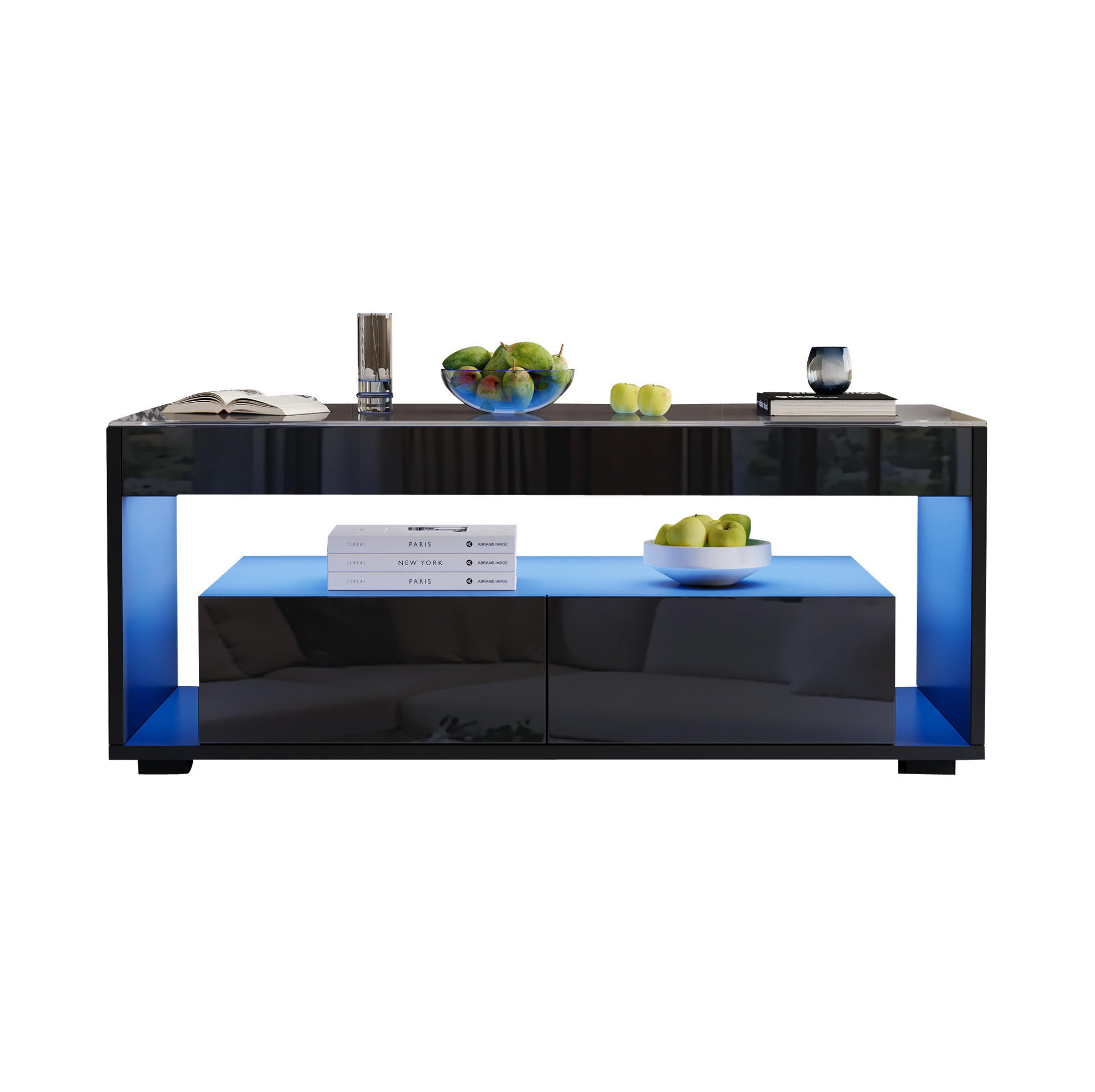 COUCHTISCH aus Spanplatte+gehärtetem Glas 100x50x40 cm in Schwarz mit LED - Schwarz, Holzwerkstoff (100/50/40cm) - Modfu
