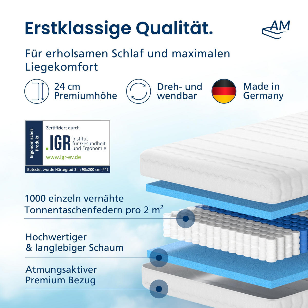 TASCHENFEDERKERNMATRATZE 1000 Federn 90/200 cm H3 - 24cm Höhe & Tencel Bezug - Weiß, Textil (90/200cm) - AM Qualitätsmatratzen