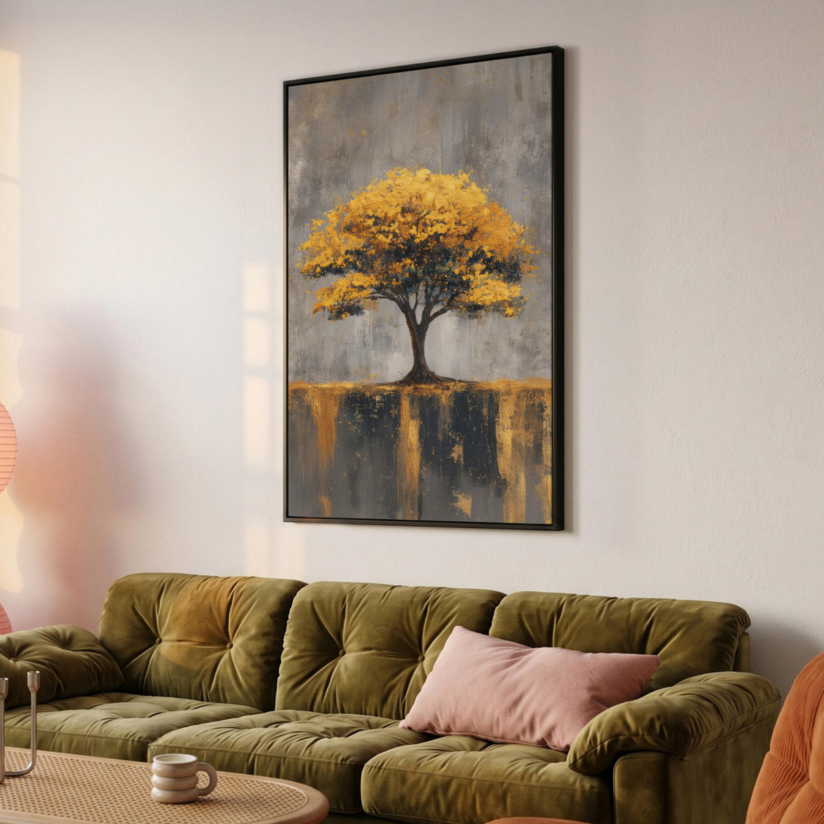 LEINWAND Bilder mit Rahmen - Baum - Blätter - Gold - Abstrakt - 80x120 - Grau, Textil (80/120cm) - MuchoWow