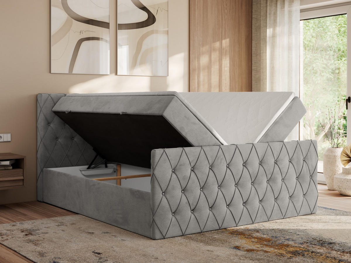 BOXBETT MIREN DUO 160/200 - Hellgrau Velvet - H3 - Hellgrau, Holz/Textil (160/200cm) - MKS
