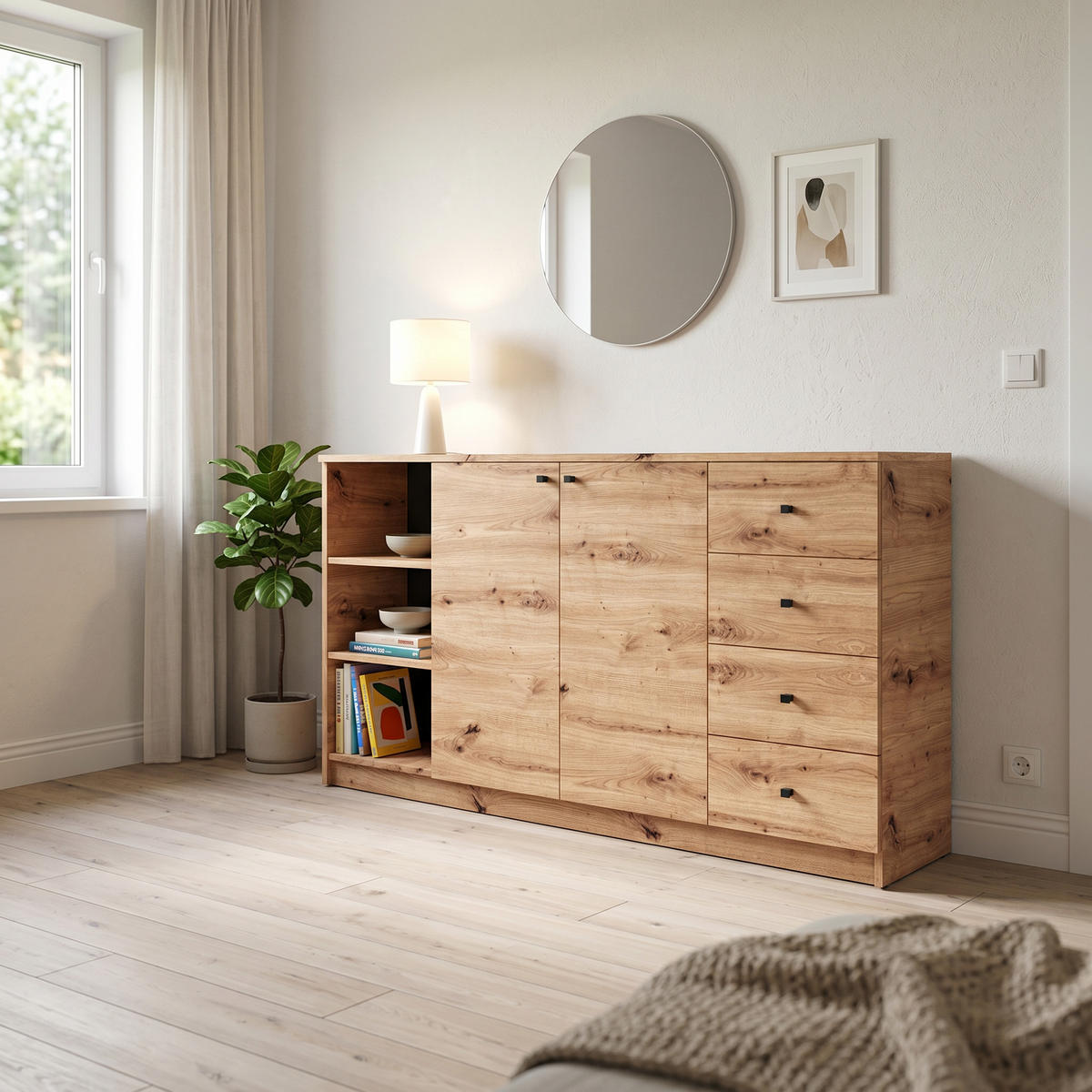 KOMMODE NATURIO 160/87/40cm mit 4 Schubladen 3 Türen Eiche Artisan - Eiche Artisan, Holzwerkstoff (160/87/40cm) - MASSENO
