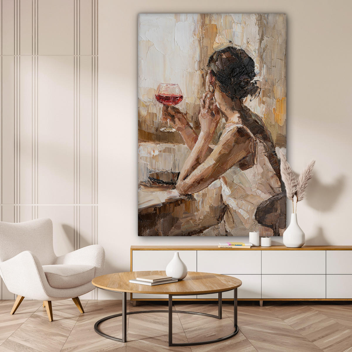 SLIKA NA PLATNU Slika na platnu vino (olje) 90x140 cm - svetlo rjava, tekstil (90/140cm) - MuchoWow