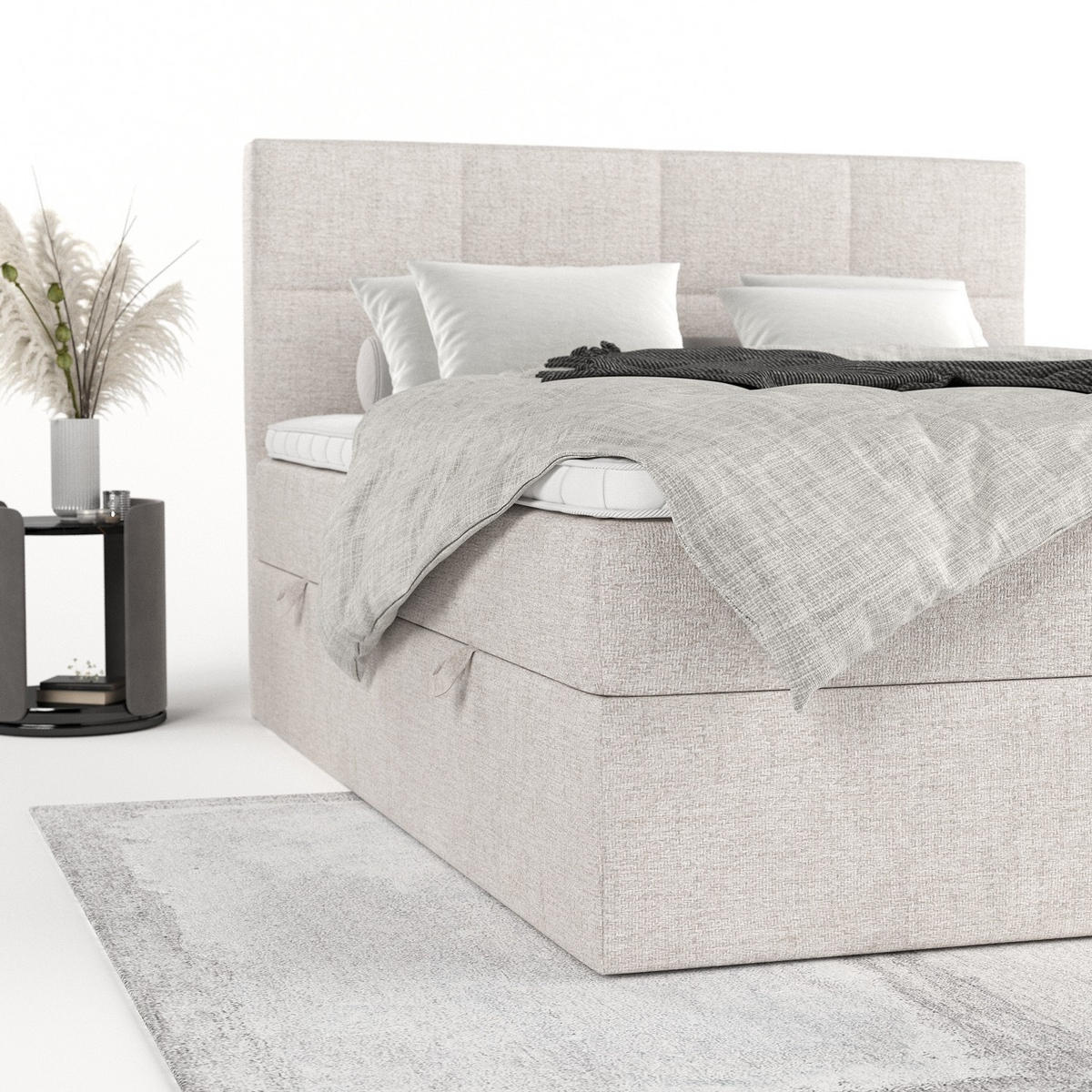 BOXBETT Oris 160/200 cm Hellbeige im Neve Stoff - Sandfarben/Schwarz, Holz/Holzwerkstoff (160/200cm) - AltaBeds
