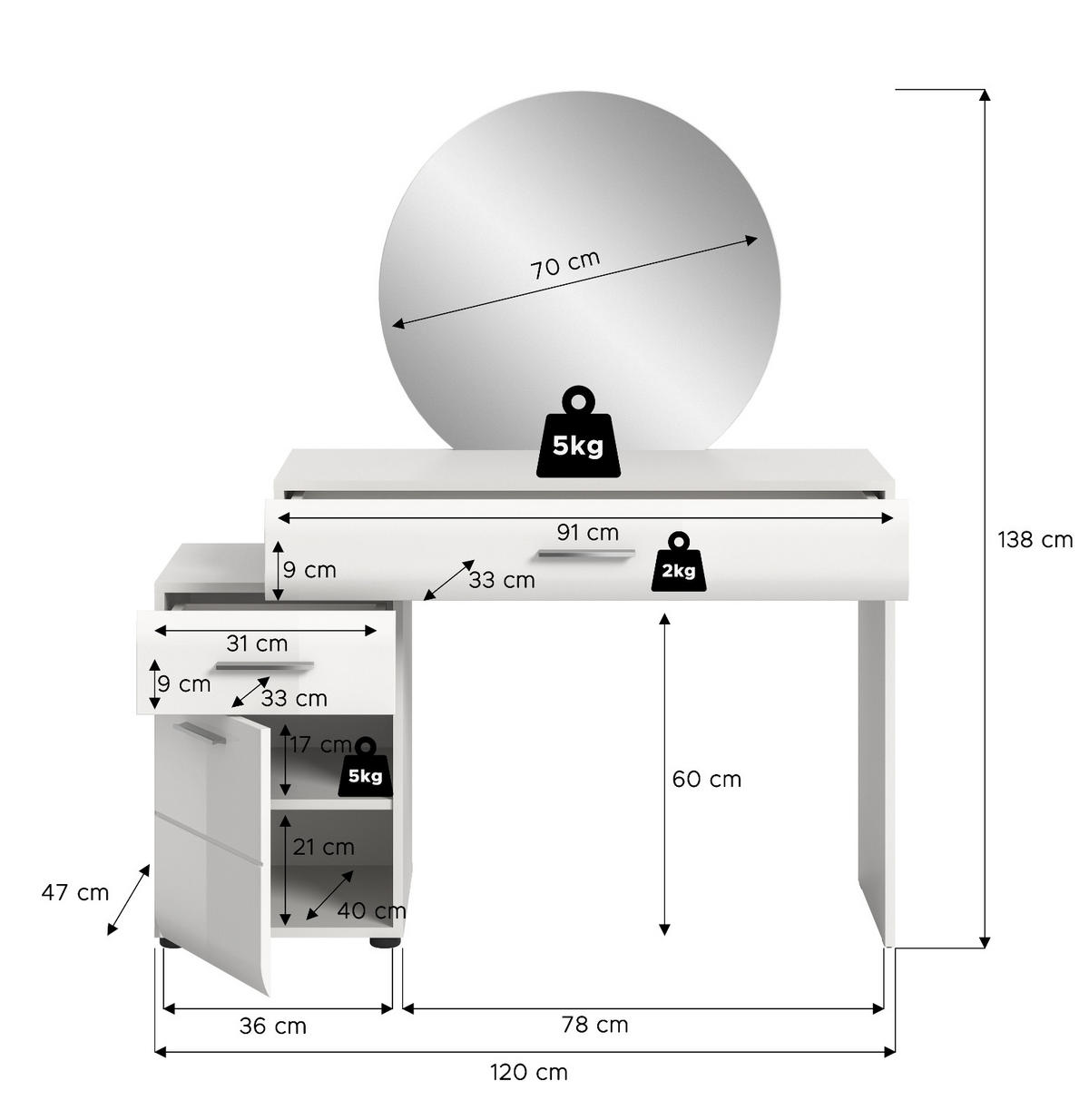 SCHMINKTISCH weiß Hochglanz 120 cm, Kosmetiktisch mit Spiegel - Weiß Hochglanz/Silberfarben, Glas/Holzwerkstoff (120/138/47cm) - Inn.Furn