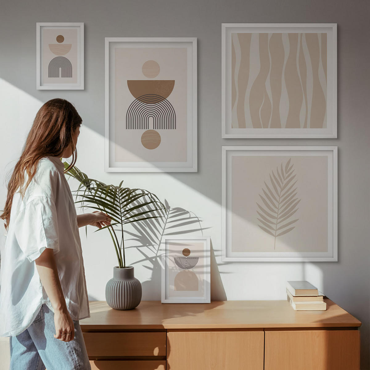 WANDBILDER 5er-Set - 50x50 cm & 20x30 cm & 40x60 cm Weißer Rahmen - Abstrakte Formen braun beige - Weiß, Kunststoff (40/60cm) - ArtPrintCave