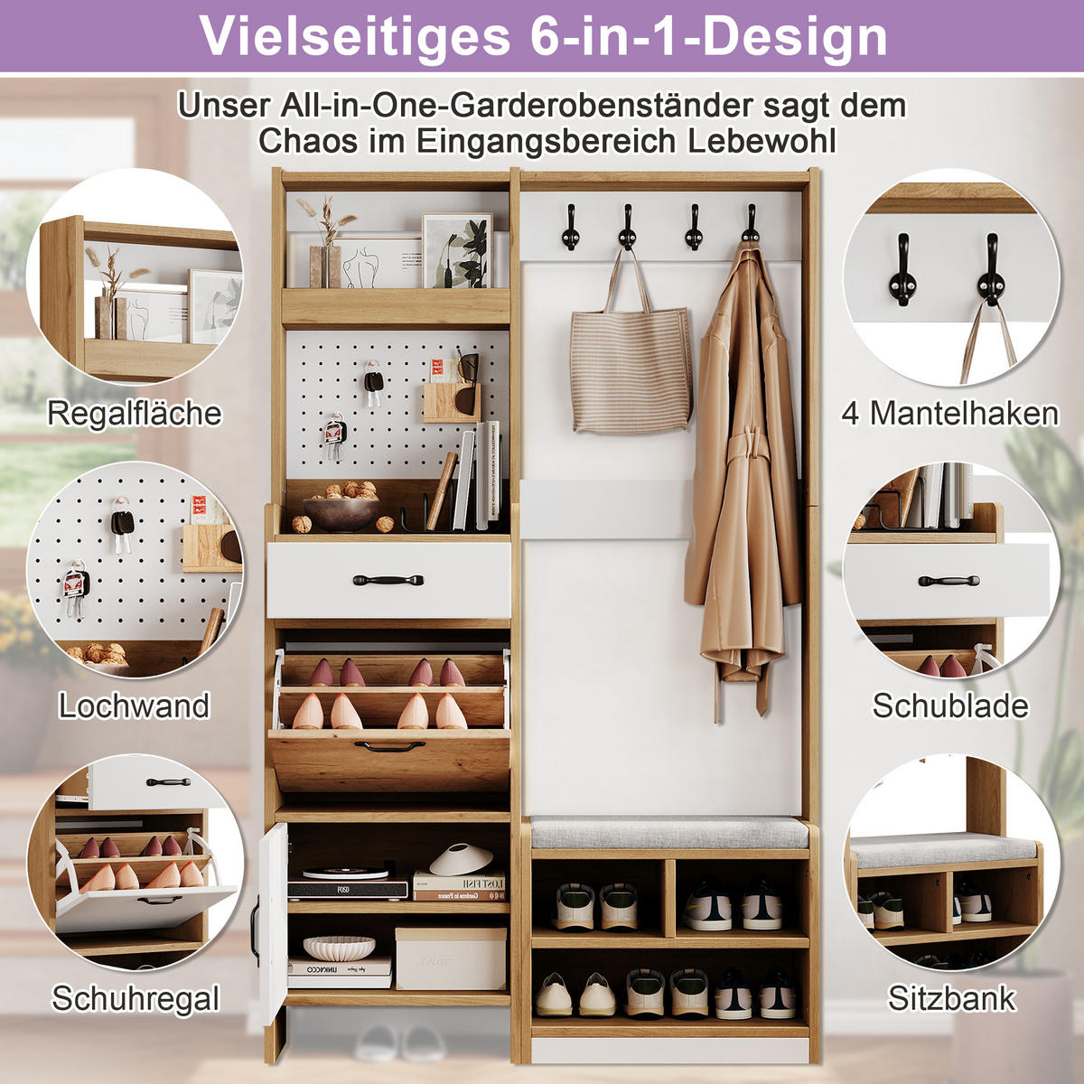 GARDEROBE Schuhschrank Sitzbank Haken Eiche Weiß Modern - Multicolor, Holzwerkstoff (108.5/180/35cm) - FLIEKS