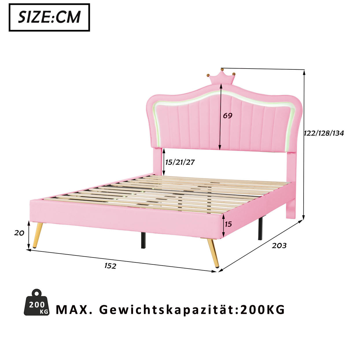 POLSTERBETT 140/200 cm rosa mit LED-Beleuchtung und höhenverstellbarem Kopfteil - Pink, Textil (140/200cm) - OKWISH