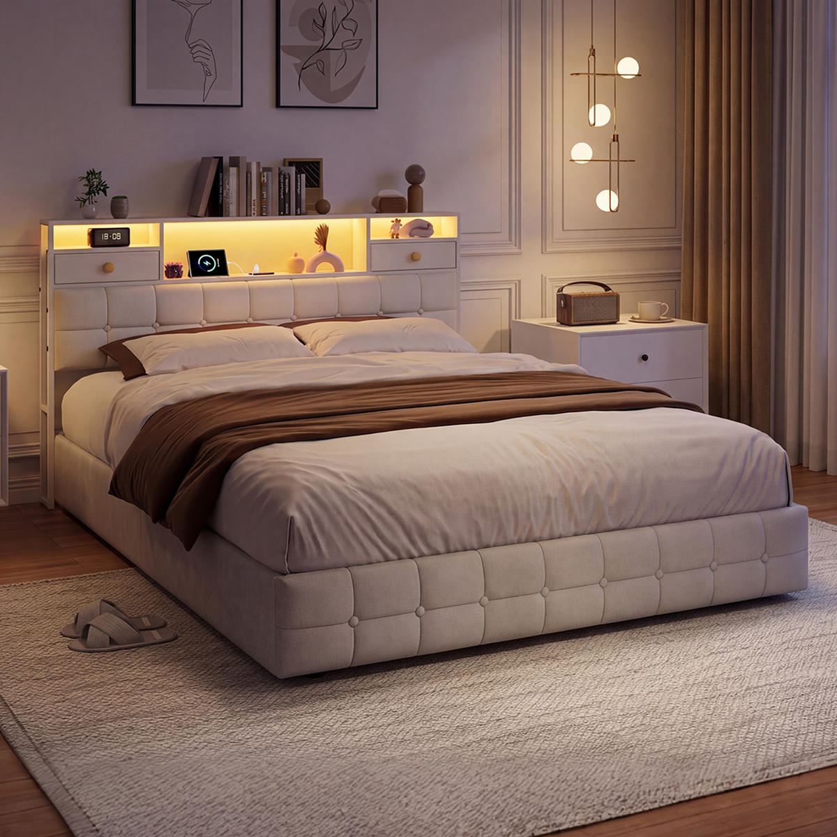 SÄNG 160x200cm beige med lådor, RGB-LED och laddningsstation - Vit, Trä - SHOPENTRA