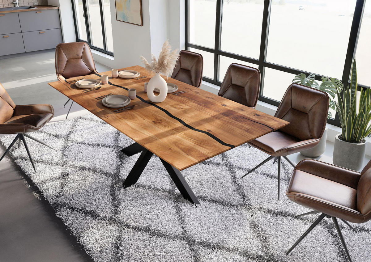 ESSTISCH Akazie 200x100x74 natur lackiert / Epoxid schwarz, Kreuzgestell anthrazit matt EPOXY - Braun, Holz (100/200/74cm) - Massivmoebel24