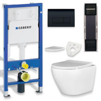 WAND-WC-SET Rolo Weiß, 6-teilig, Betätigungsplatte Schwarz, 53/61/114 cm - Schwarz/Weiß, Keramik (53/114/61cm) - bad land
