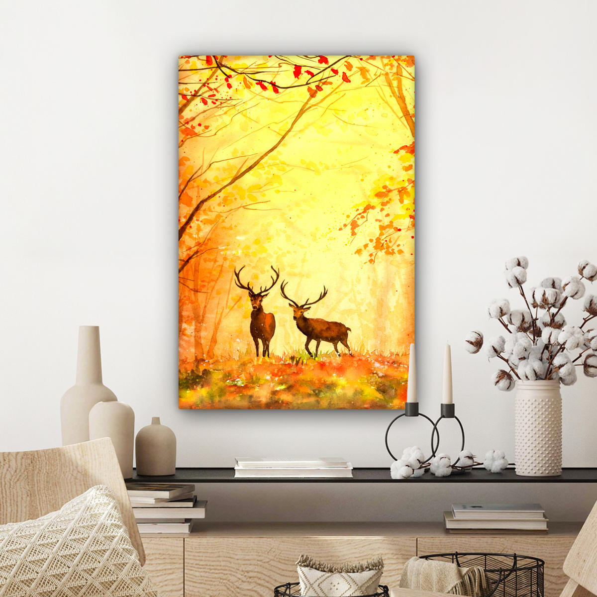 LEINWANDBILD Natur - Ölfarbe - Hirsche - Tiere - Herbst - Orange Wanddeko 40x60 cm - Orange, Textil (40/60cm) - MuchoWow