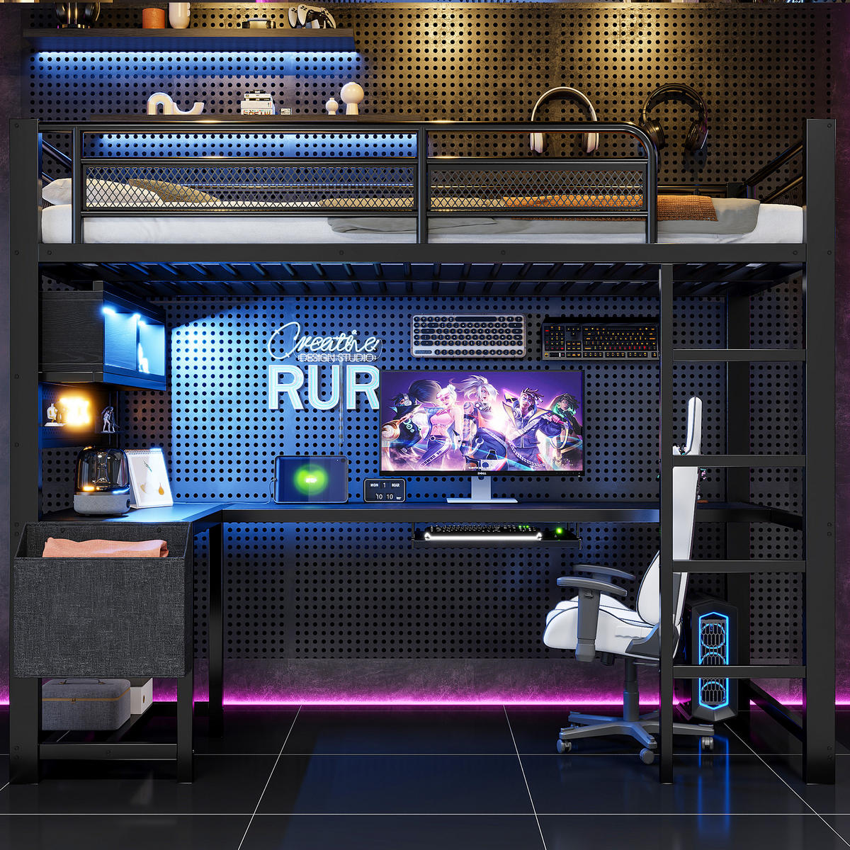 HOCHBETT 90/200 cm in Schwarz aus MDF und Metall mit Schreibtisch, LED und Steckdosen - Schwarz, Holzwerkstoff/Metall (90/200cm) - WISHDOR