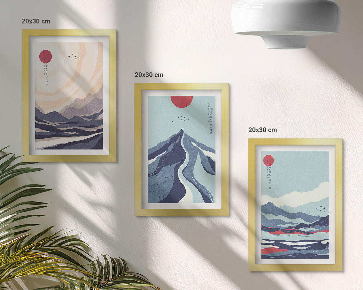WANDBILDER 3er Set - 20x30 cm Goldrahmen - Abstrakte japanische Berge - Goldfarben, Kunststoff (20/30cm) - ArtPrintCave