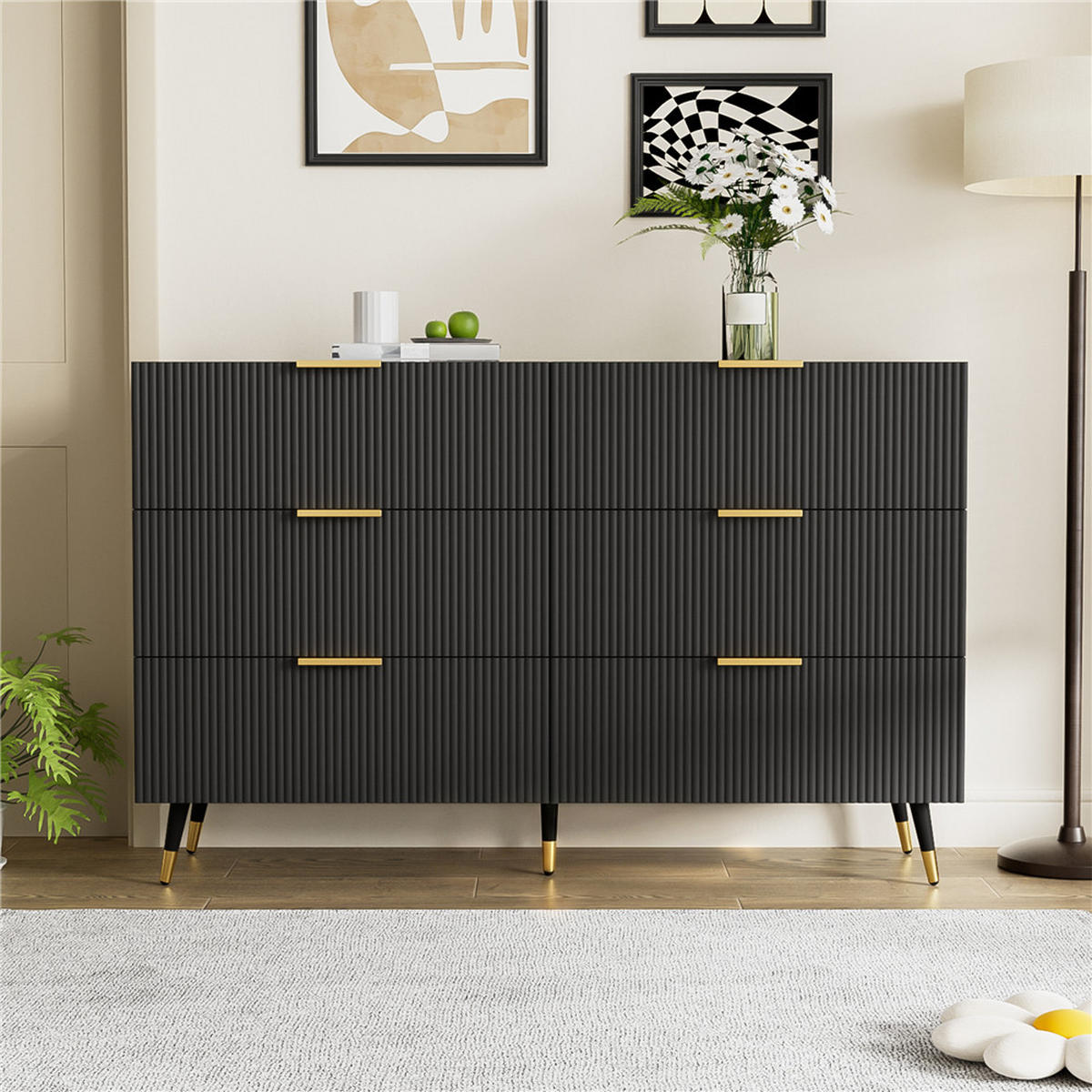 SIDEBOARD Schwarz 120/77/40 cm moderne Kommode Schubladen - Schwarz, Holz (120/77/40cm) - Kaket
